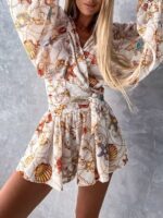 Women's Floral Long-Sleeved V-Neck Jumpsuit with Shorts