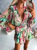 Women's Floral Long-Sleeved V-Neck Jumpsuit with Shorts