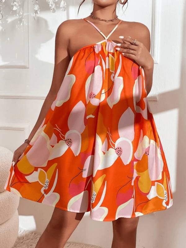 Women's Woven Halter Neck Tropical Print Holiday Dress