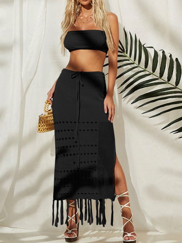 Two-Piece Tie-Up Tassel Bikini Cover-Up/ Versatile Wrap Chest Dress for Beach Sunscreen