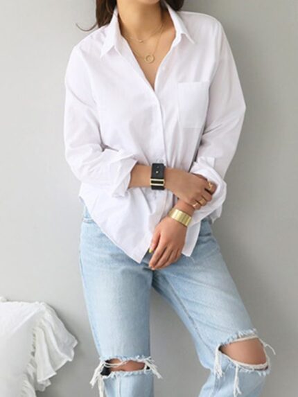 Professional White Lapel Shirt for Women - Sleek and Slim Office Wear