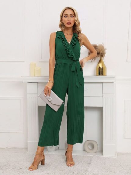 Sleeveless V-Neck Ruffle Lace Pleated Jumpsuit for Women
