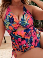 Plus Size Printed Push-Up Hollow One-Piece Swimsuit for Stylish Swimwear