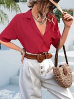 Retro Lapel Short-Sleeved Shirt in Solid Color for Women