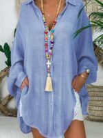Plus Size Cotton Linen Shirt for Women - Button-Up Casual Comfort and Style