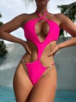 New One-Piece Multicolor Swimsuit with Hollow Design and Pearl Chain Halter Neck