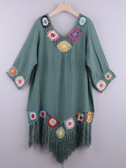 Irregular Tassel Cover-Ups- Three-Quarter Sleeve Ethnic Style Dress with Chain Link Flower Detail