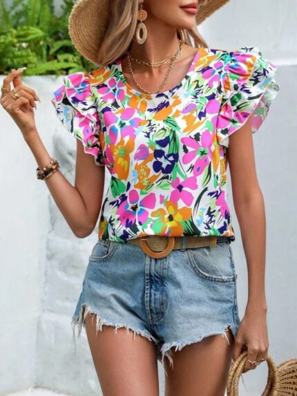 Floral Print Double Layer Short Sleeve Shirt - Women's Fashionable Summer Top