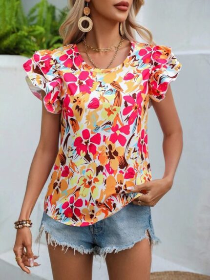 Floral Print Double Layer Short Sleeve Shirt - Women's Fashionable Summer Top