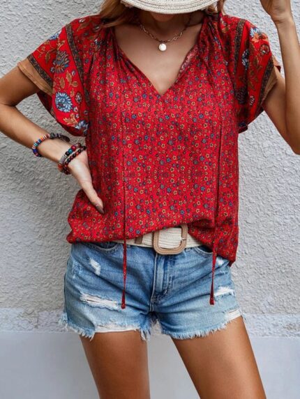 Ethnic Print V-Neck Short-Sleeve Loose Blouse for Women - Casual and Stylish