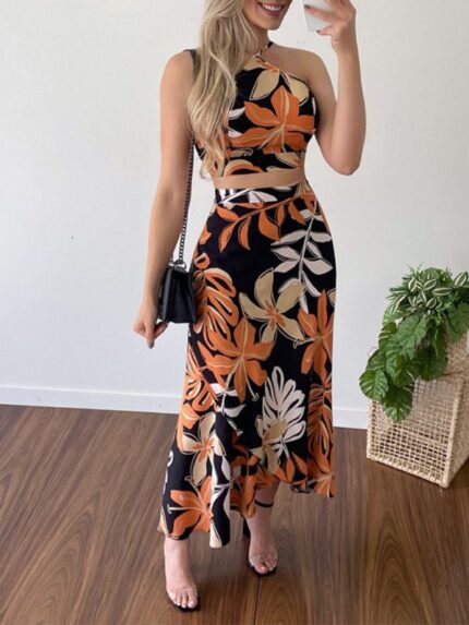 Chic Printed Short Tether Tank Top with High Waist Skirt Two-Piece Set for Women