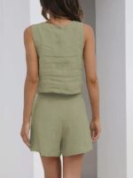 Chic Comfort, Women's Cotton Linen Sleeveless Square Neck Top + Shorts Two-Piece Set
