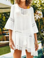 Stylish White Mid-Length Beach Skirt with Mid-Sleeved Top and Sunscreen Shirt Stitching