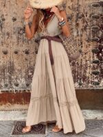 Chic French-Style High-Waist V-Neck Maxi Dress with Elegant Stitching