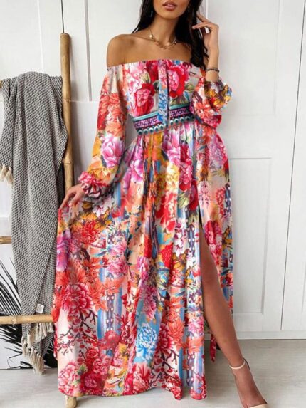 One-Shoulder Printed Pullover Retro Long-Sleeved Dress with Slits