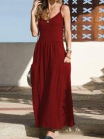 Effortless Elegance- Solid Color Pleated Dress with Convenient Pockets for Women's Clothing