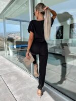 Chic Short-Sleeved V-Neck Jumpsuit with Slip Pocket, Elastic Waist, and Tie-Up Pencil Pants