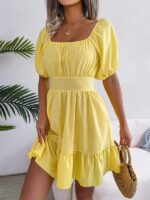 Chic and Playful- Square Neck Open Back Swing Dress with Ruffled Straps for Women