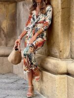 Nature-Inspired Elegance- Women's Leaf Print Kink V-Neck Dress