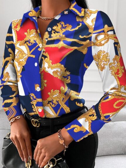 Stylish Printed Lapel Long Sleeve Shirt for Women