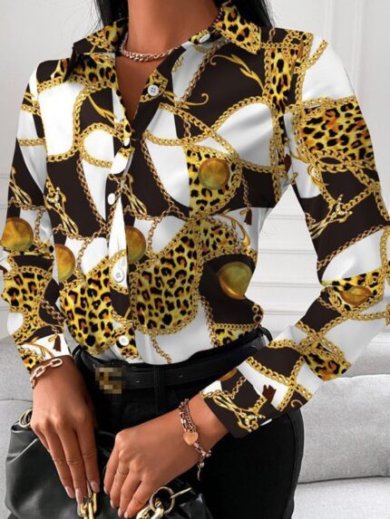 Stylish Printed Lapel Long Sleeve Shirt for Women