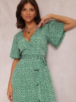 Polka-Dot Perfection- V-Neck Tie-Print Short-Sleeved Dress with Flair