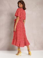 Polka-Dot Perfection- V-Neck Tie-Print Short-Sleeved Dress with Flair