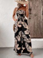 Stylish Women's Tube Top Jumpsuit with Plant Leaf Print