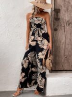 Stylish Women's Tube Top Jumpsuit with Plant Leaf Print