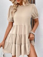 Multilayer Elegance- Loose Puff Sleeve Dress with Pleated Details for Women
