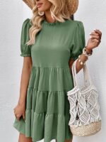 Multilayer Elegance- Loose Puff Sleeve Dress with Pleated Details for Women