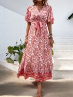Bohemian Floral Print Puff Sleeve V-Neck Vacation Dress