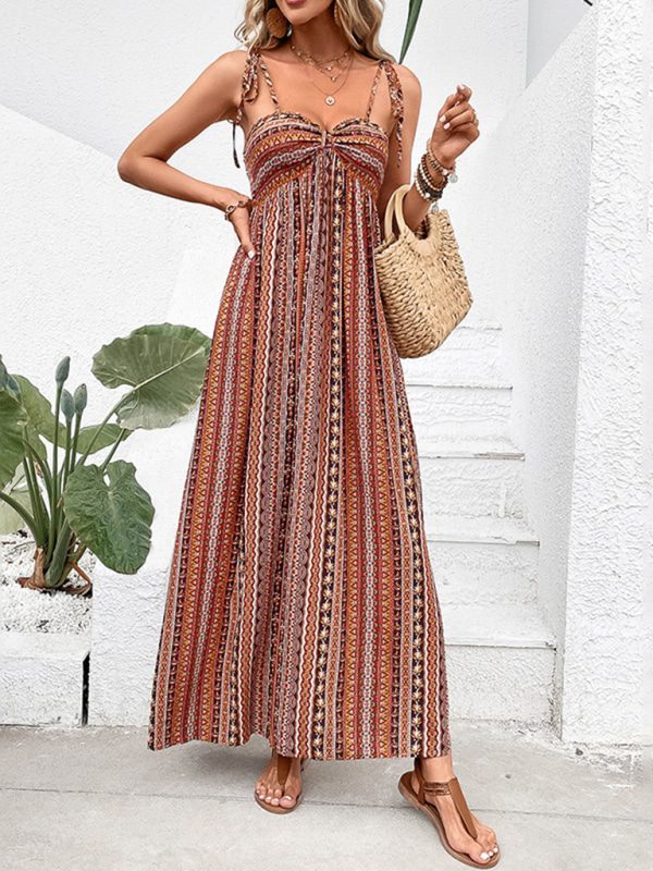 Bohemian Bliss-Striped Backless Maxi Dress for a Stylish Summer