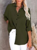 Classic Long-Sleeved V-Neck Button-Down Shirt for Women