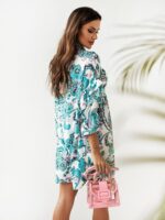 Chic Pleated Stand-Up Collar Ruffled Print Dress