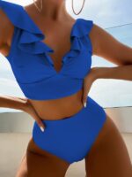 Lace Elegance-New V-Neck Ruffled High-Waist Split Swimsuit Bikini