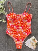 New Floral One-Piece Swimsuit with Low-Cut High-Cross Design