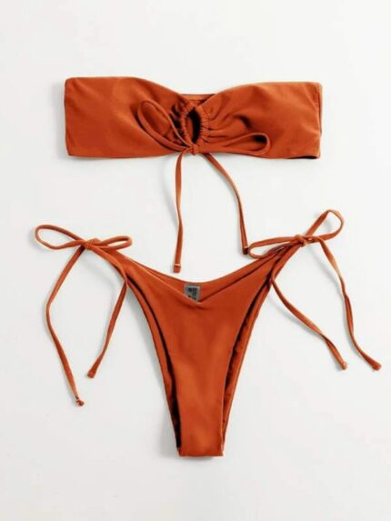 Sleek One-Piece Swimsuit- Low Waist Strapless Solid Color Tube Top Sexy Bikini
