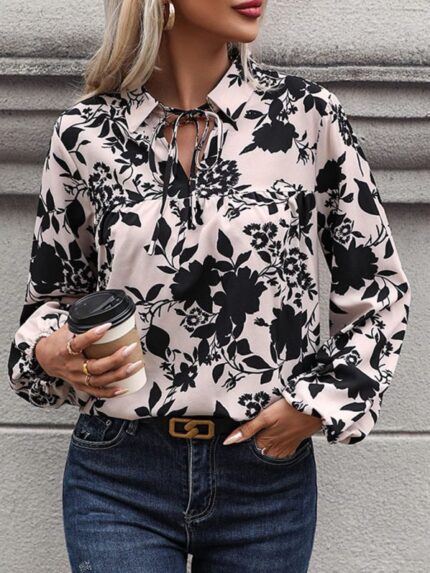 New Women's V-Neck Lace-Up Printed Shirt