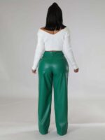 Faux Leather Wide-Leg Women's Casual Pants with Pockets