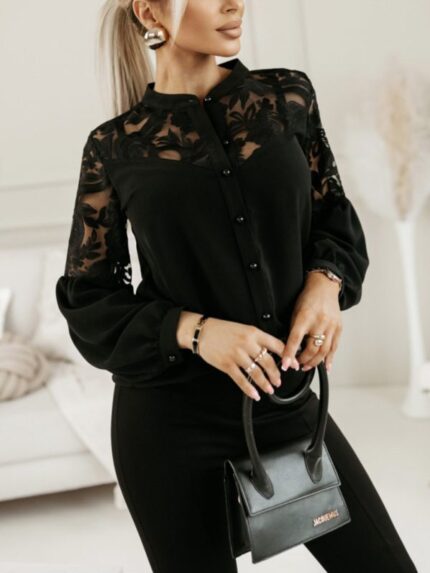 Stylish Solid Color Lace Patchwork Shirt for Women- New Fashion Arrival