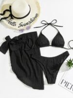 Lace-Up Textured Elegance: Women's Three-Piece Bikini with a Feminine Touch