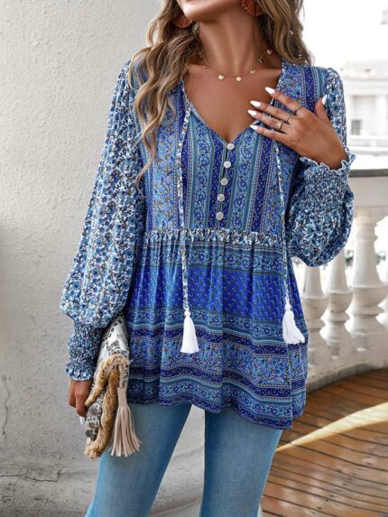 Bohemian Button-Up Top with Unique Print for Women