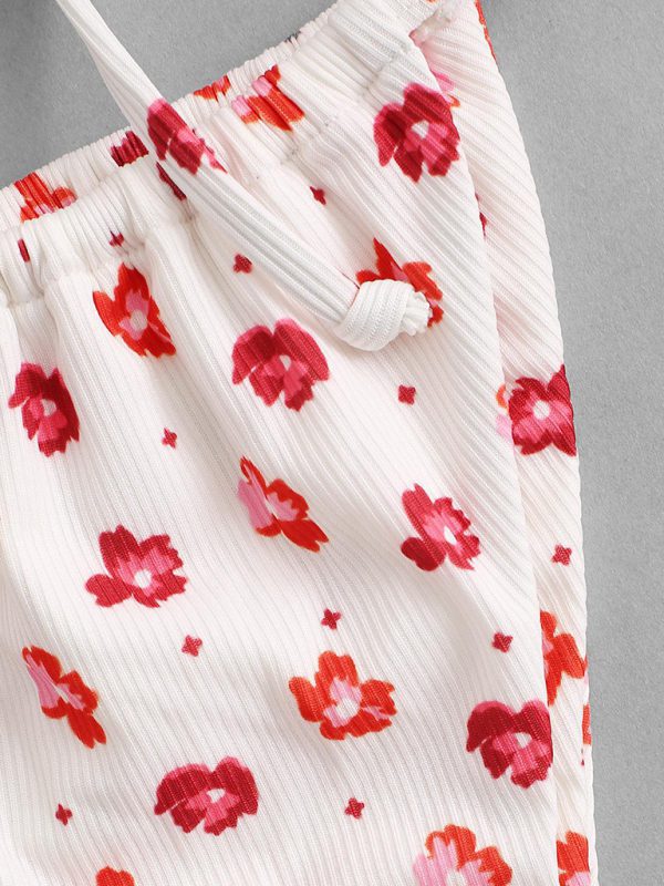 Floral Print Split Swimsuit with Pink Flowers and Tie-Dye Halterneck Bikini