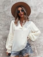 Chic Lace Stand Collar Puff Sleeve Shirt for Women