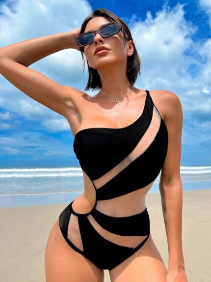 New Solid Color Hollow Mesh One-Piece Swimsuit with Sexy Bikini Design