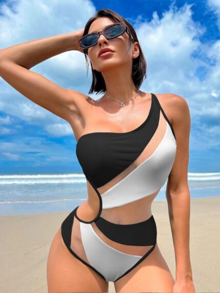 New Solid Color Hollow Mesh One-Piece Swimsuit with Sexy Bikini Design