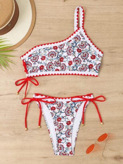 Chic Elegance- New One-Shoulder Printed Split Bikini with Triangle Lace-Up and Adjustable Straps