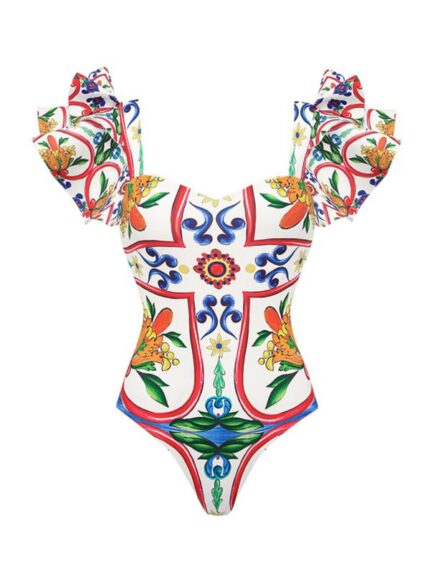 New Ruffled Enamel Print One-Piece Swimsuit- Perfect for Beach Vacation