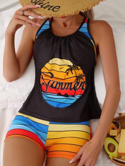 Stylish Beach Spa Vacation Boxer Vest Sports Swimsuit Suit with Bold Contrast Colors